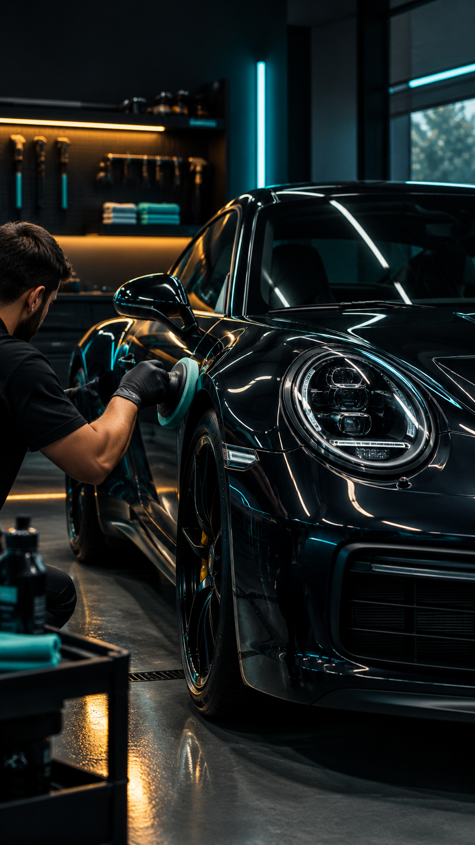 Black sports car being hand-washed with foam in a detailing garage