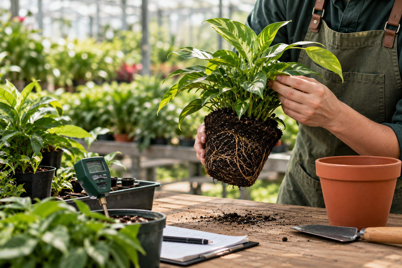 Grower checking a plant in the greenhouse