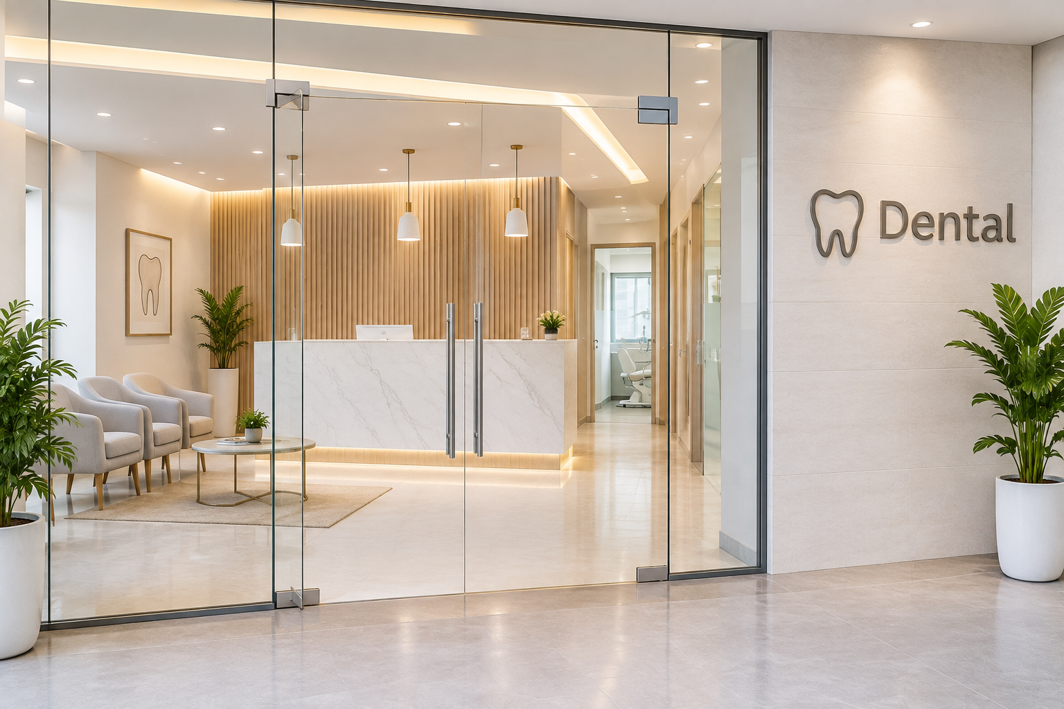 Warm waiting area at Dental with cream armchairs and a potted plant