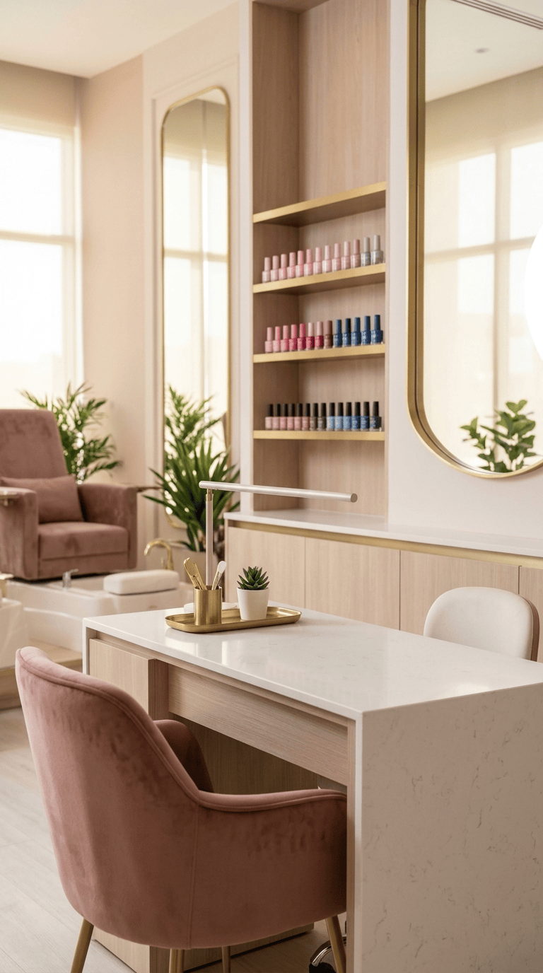 Minimalist shelving with tools and products inside the studio