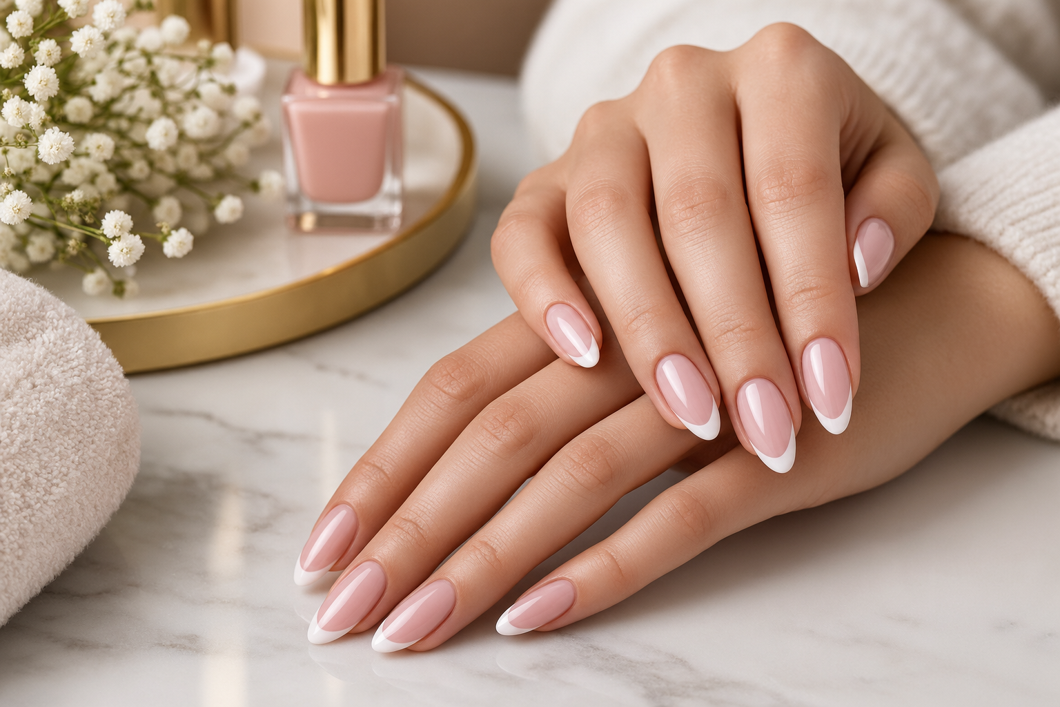 Close-up of a manicured hand resting softly against a warm neutral surface