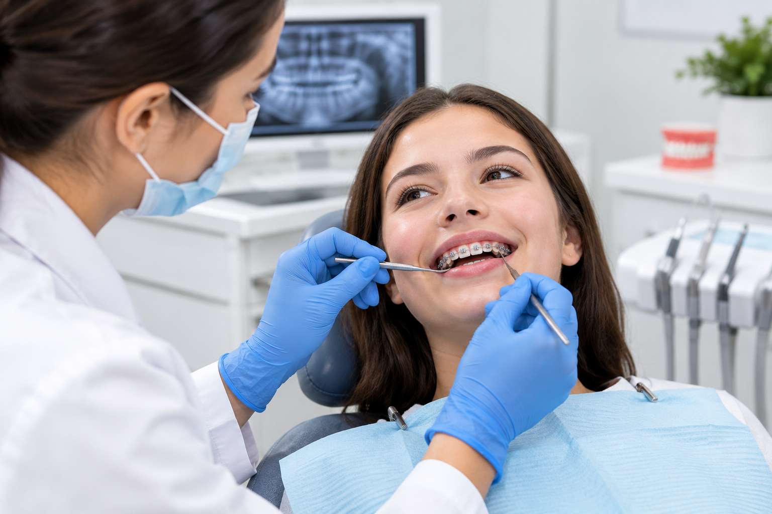 Close-up of orthodontic braces on teeth