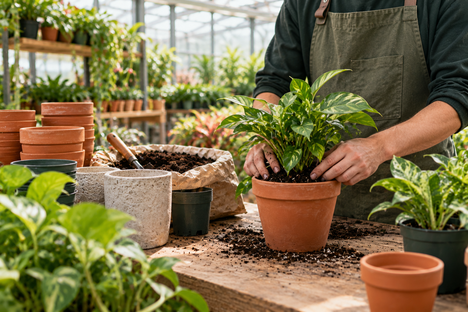 Hands holding a freshly potted plant