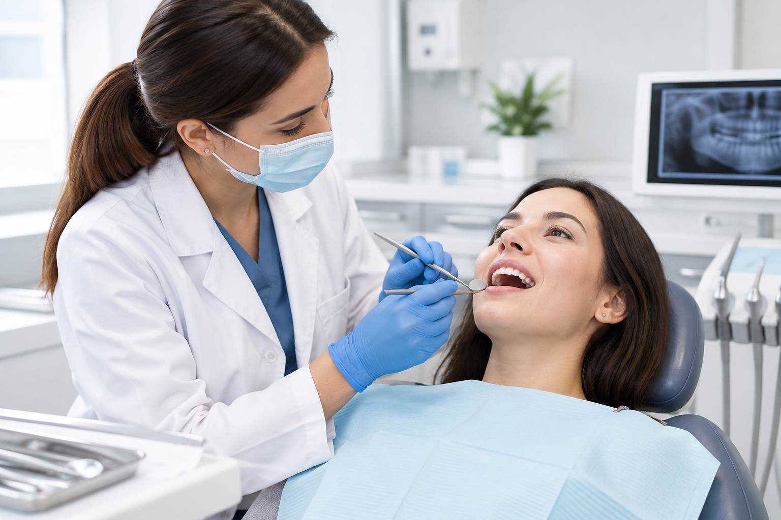 Dental mirror and examination tool used for a routine check-up