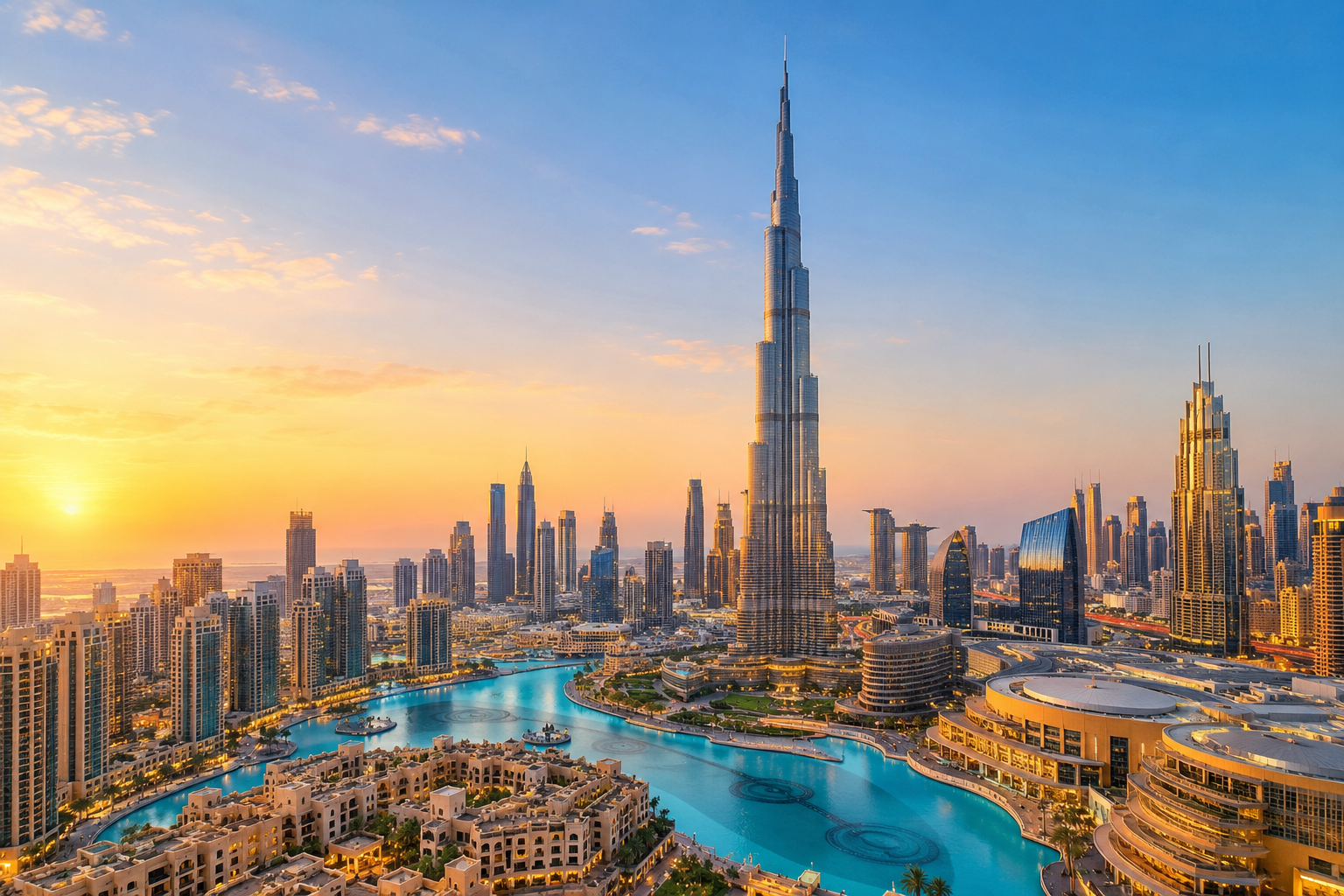 Burj Khalifa and skyscrapers above a highway interchange in Dubai