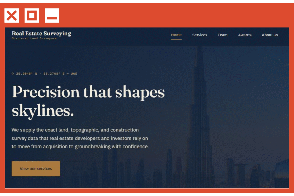 Responsive Real Estate Surveying website template with Team and Awards section.