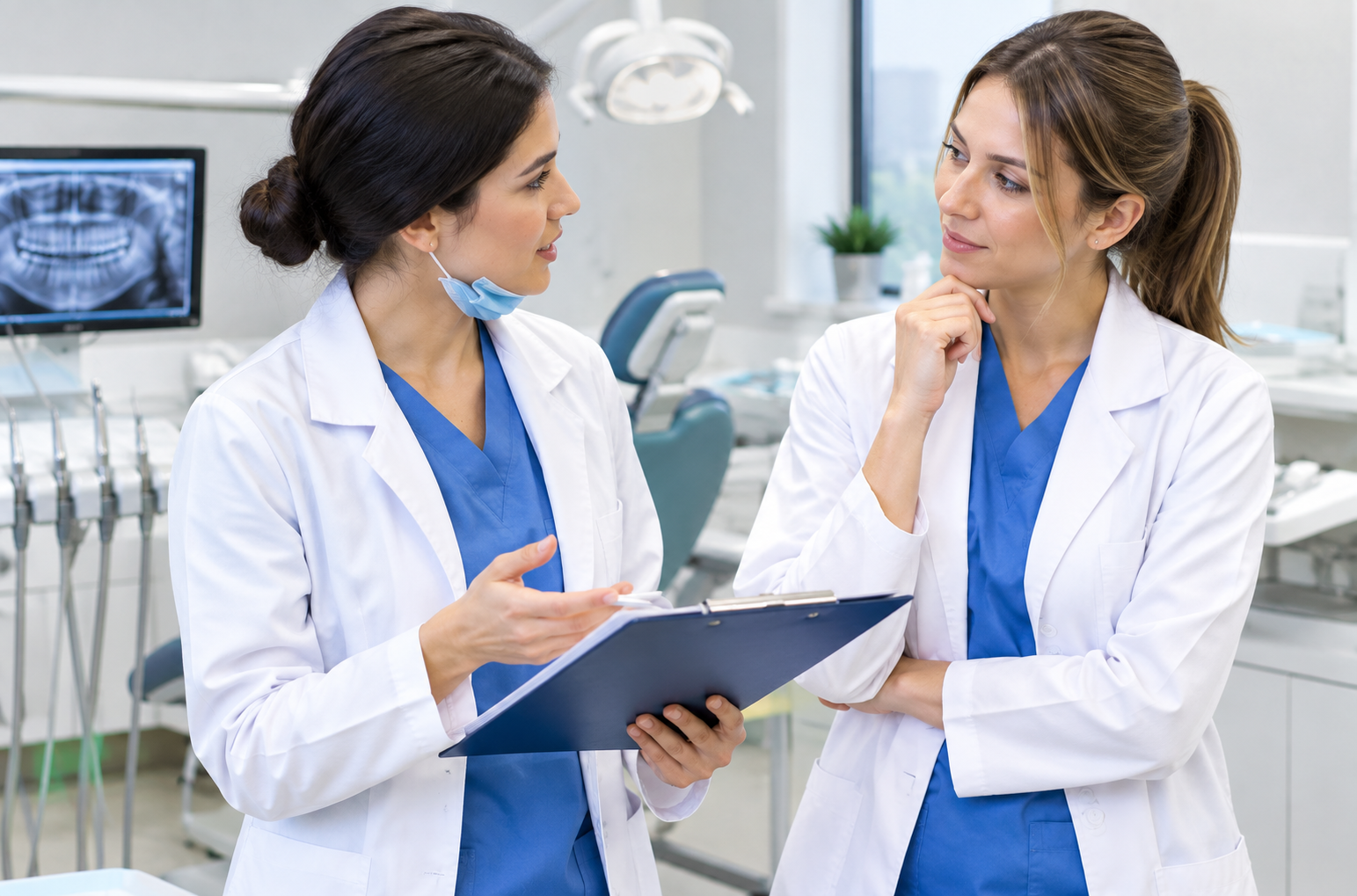 Front-desk team at Dental helping a patient with paperwork