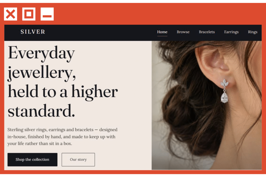 Responsive silver jewellery website template with browse section.
