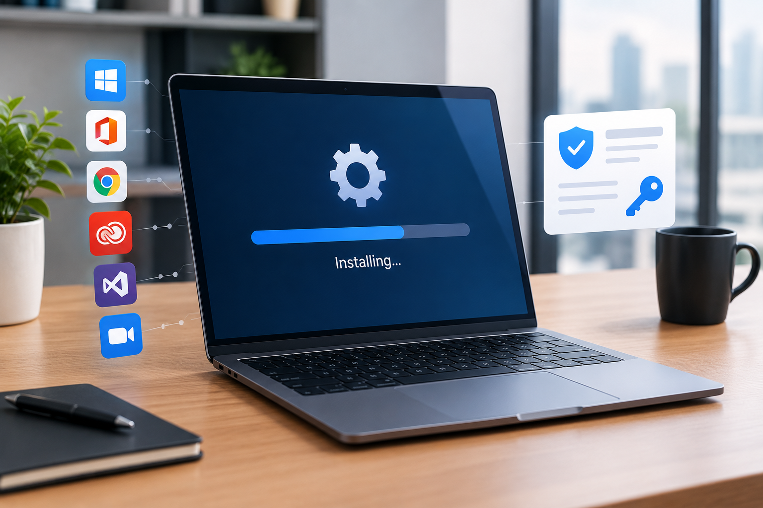 Person setting up software on a laptop