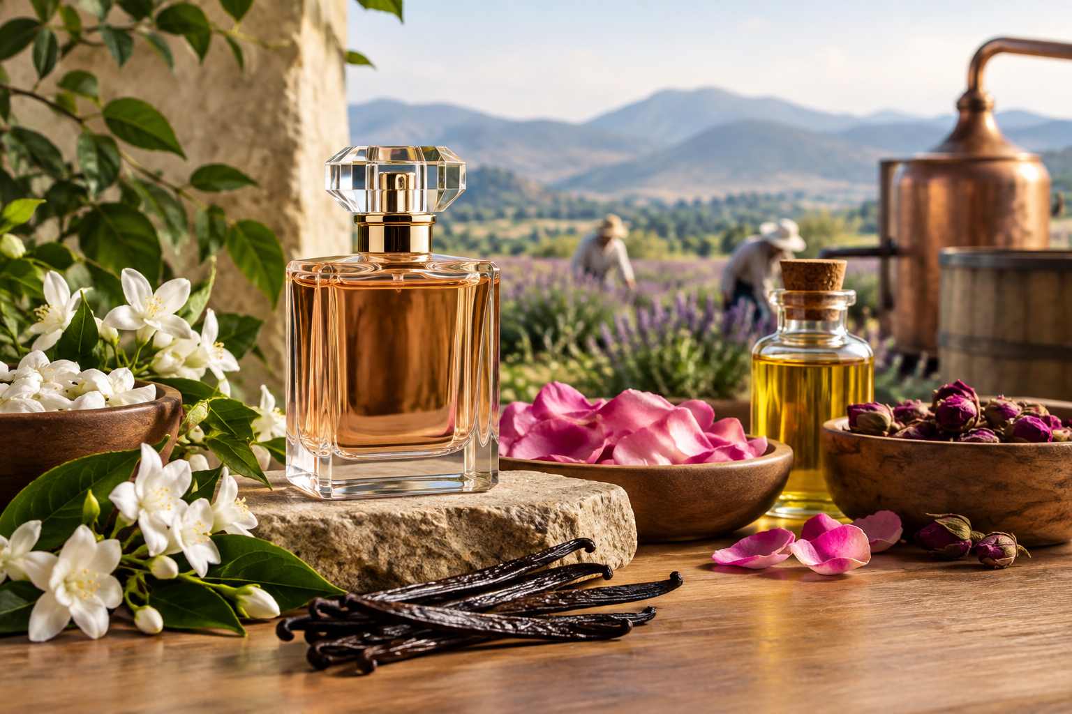 Perfume bottle surrounded by white flowers, representing sourcing