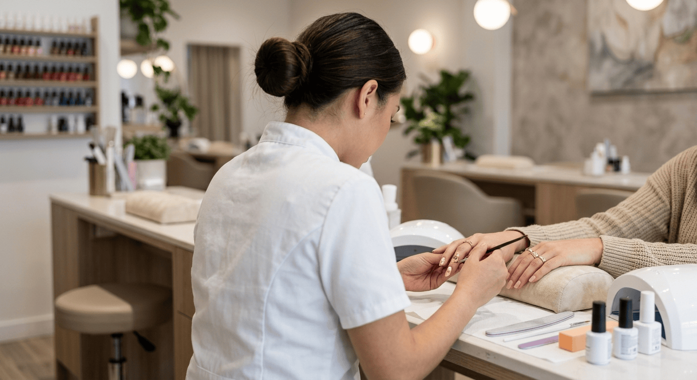 The specialist carefully working on a client's manicure in the studio