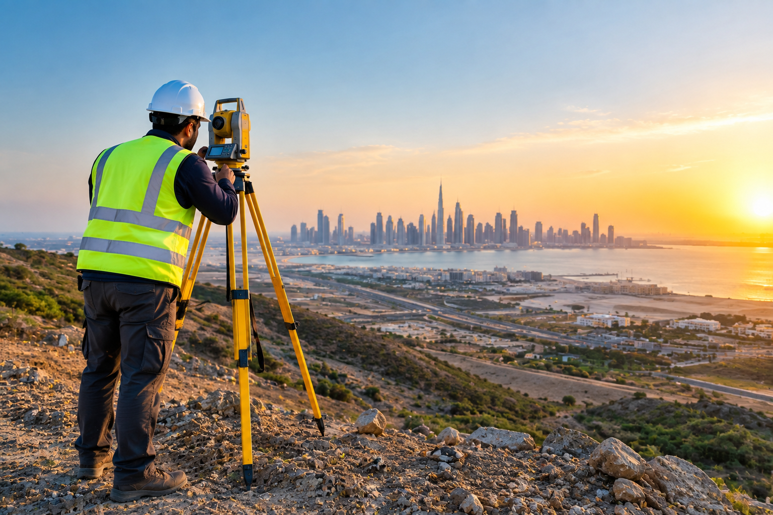 Surveyor operating a theodolite in the field