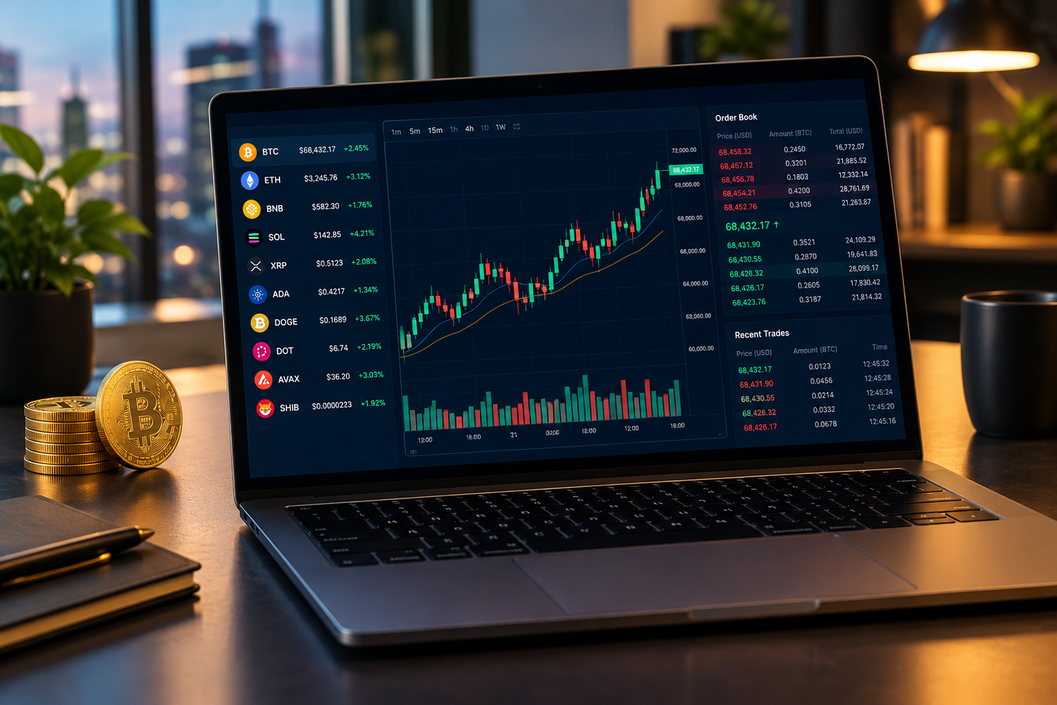 Investor reviewing candlestick trading charts on a laptop