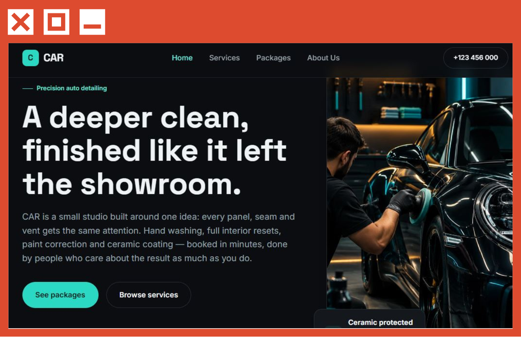 Modern car detailing website template with service and packages page.