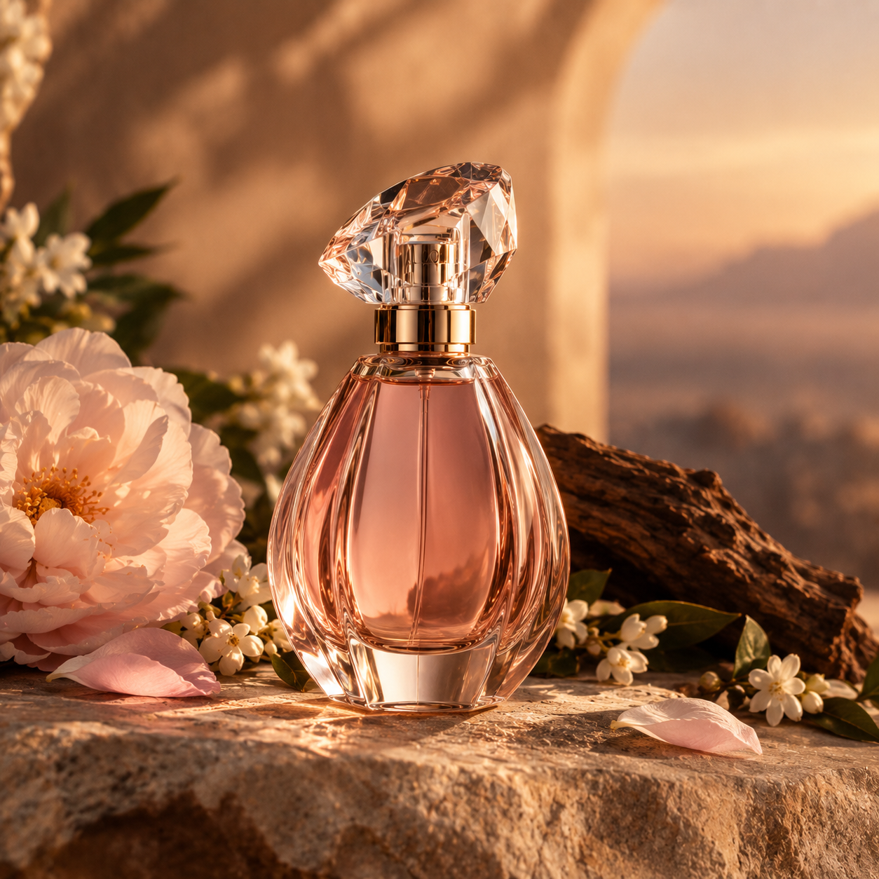 Perfume bottle surrounded by pink petals
