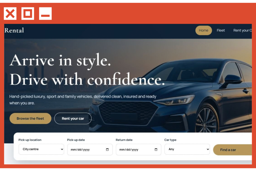 Responsive car rental website template with booking services & fleet